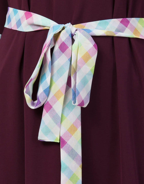 Chic Bell Sleeve Printed Checks Casual Abaya Wine