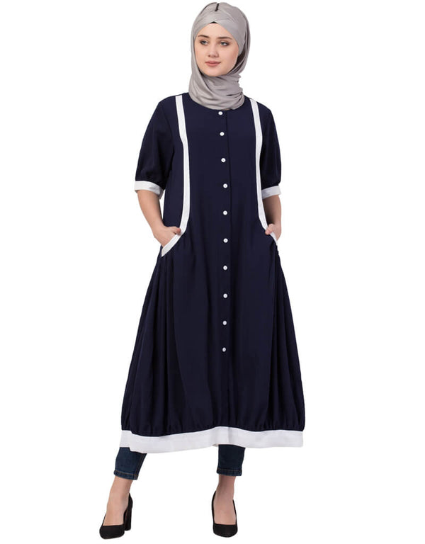 Trendy Contrast Band At Bottom And Sleeve Front Open Tunic Navy Blue