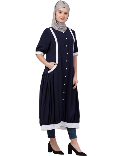 Trendy Contrast Band At Bottom And Sleeve Front Open Tunic Navy Blue