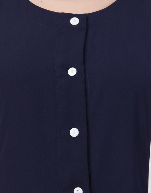 Trendy Contrast Band At Bottom And Sleeve Front Open Tunic Navy Blue