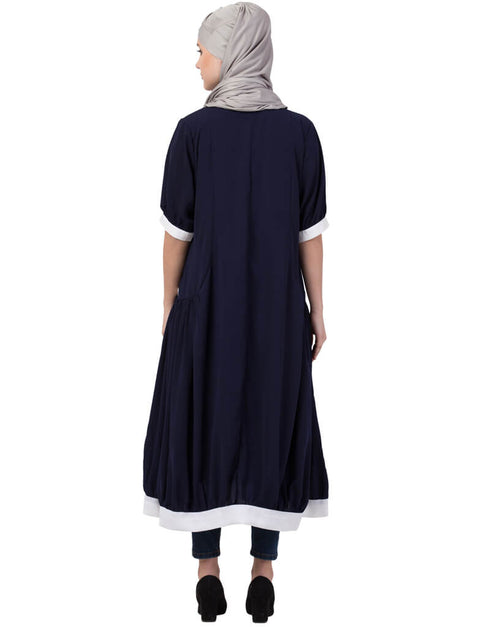 Trendy Contrast Band At Bottom And Sleeve Front Open Tunic Navy Blue
