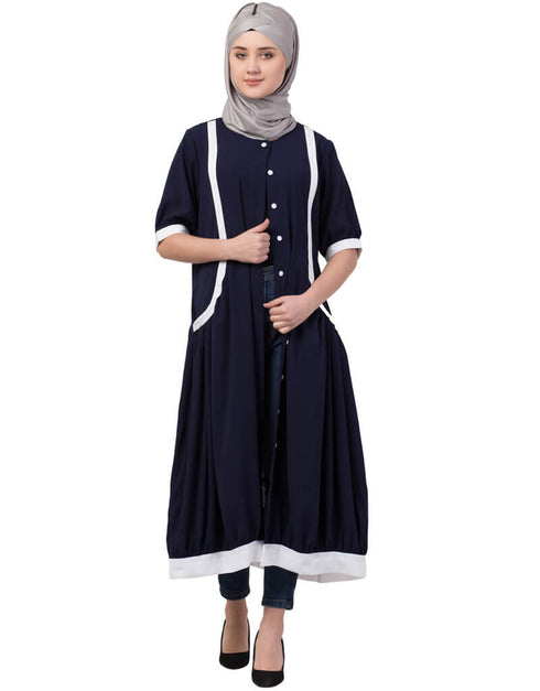 Trendy Contrast Band At Bottom And Sleeve Front Open Tunic Navy Blue