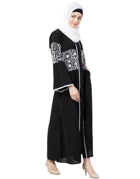 Arabic Front Open Sleeve and Front Embroidered Abaya Black