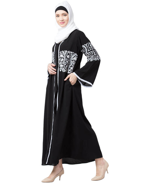 Arabic Front Open Sleeve and Front Embroidered Abaya Black
