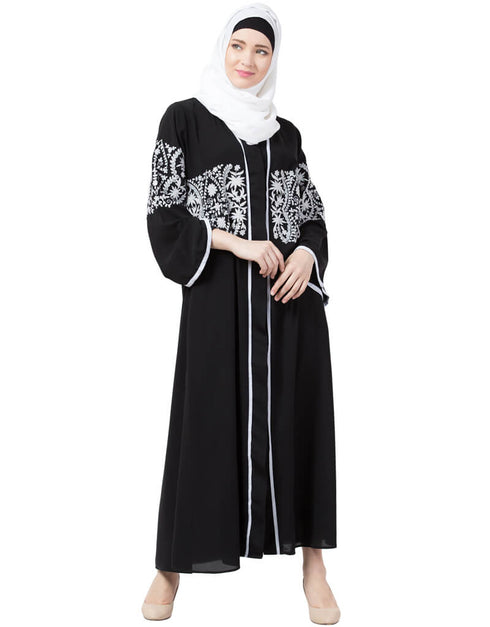 Arabic Front Open Sleeve and Front Embroidered Abaya Black