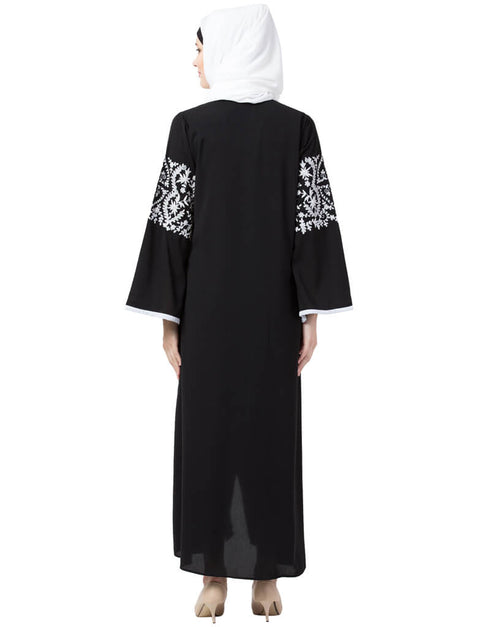 Arabic Front Open Sleeve and Front Embroidered Abaya Black