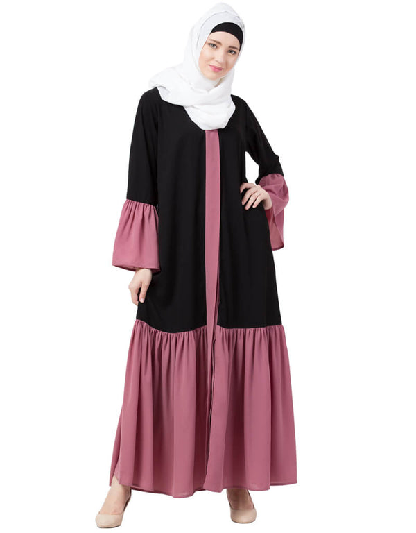 Women Front Open Contrast Bottom And Bell Sleeve Abaya Black