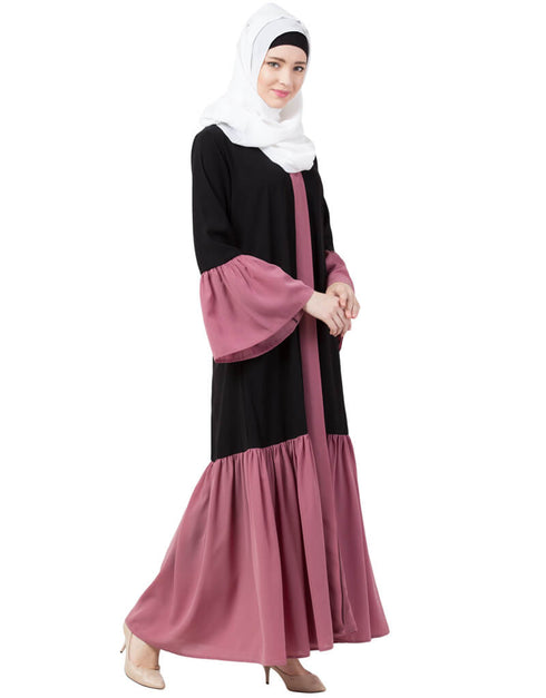Women Front Open Contrast Bottom And Bell Sleeve Abaya Black