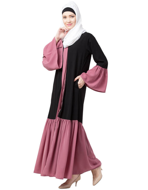 Women Front Open Contrast Bottom And Bell Sleeve Abaya Black