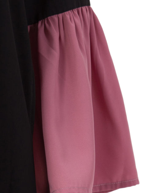 Women Front Open Contrast Bottom And Bell Sleeve Abaya Black