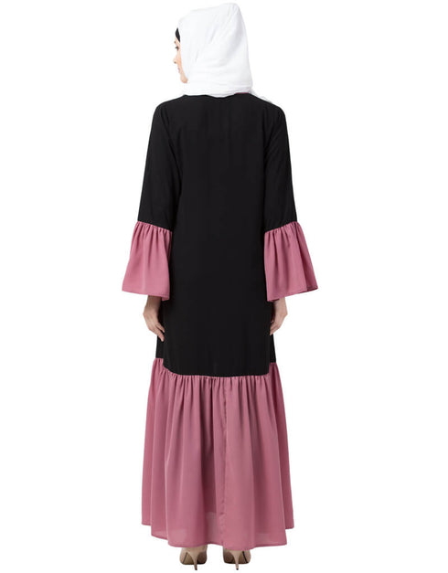 Women Front Open Contrast Bottom And Bell Sleeve Abaya Black