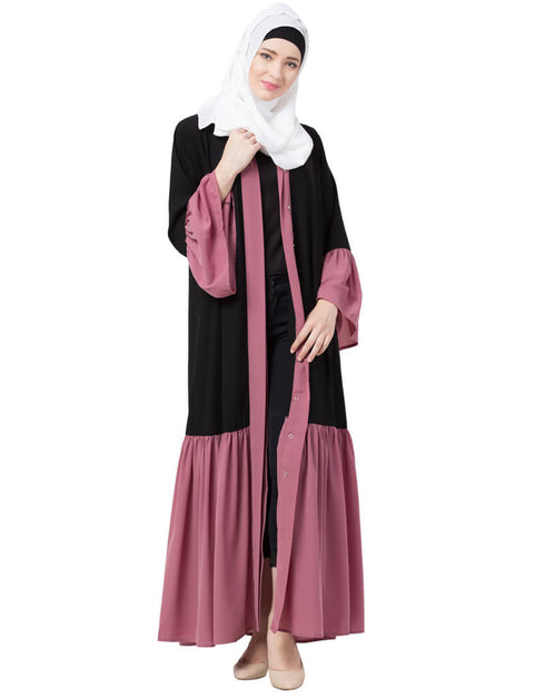 Women Front Open Contrast Bottom And Bell Sleeve Abaya Black