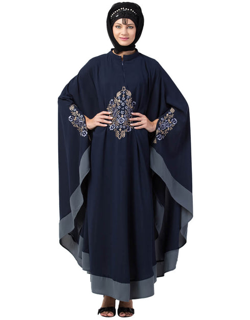Trendy Center Embroidered with Contrast band Irani Kaftan Navy Blue
