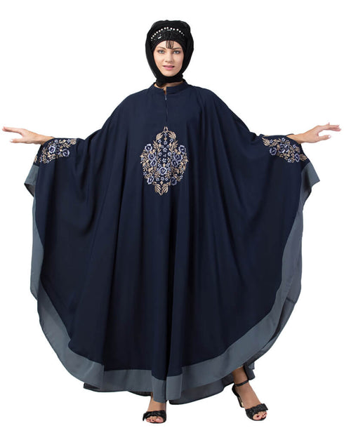 Trendy Center Embroidered with Contrast band Irani Kaftan Navy Blue