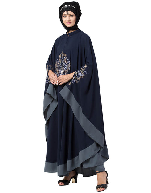 Trendy Center Embroidered with Contrast band Irani Kaftan Navy Blue