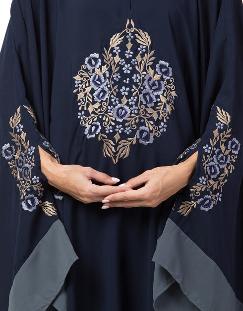 Trendy Center Embroidered with Contrast band Irani Kaftan Navy Blue