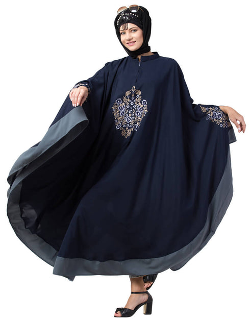 Trendy Center Embroidered with Contrast band Irani Kaftan Navy Blue