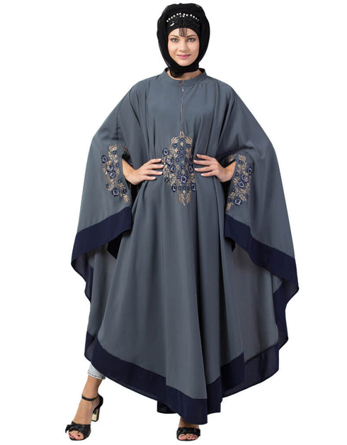 Modern Center Embroidered with Contrast band Irani Kaftan Grey