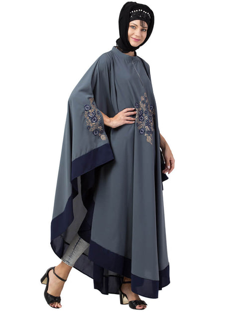 Modern Center Embroidered with Contrast band Irani Kaftan Grey