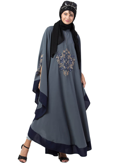 Modern Center Embroidered with Contrast band Irani Kaftan Grey