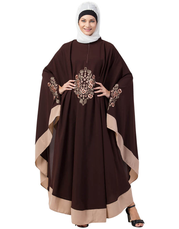 Modest Center Embroidered with Contrast band Irani Kaftan Brown