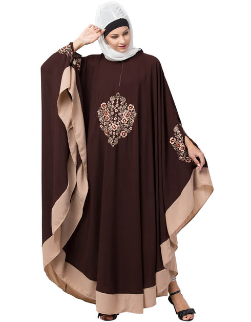 Modest Center Embroidered with Contrast band Irani Kaftan Brown