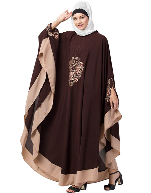Modest Center Embroidered with Contrast band Irani Kaftan Brown