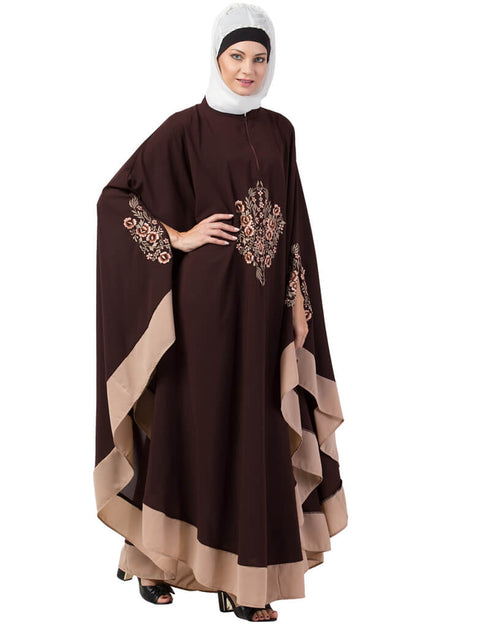 Modest Center Embroidered with Contrast band Irani Kaftan Brown