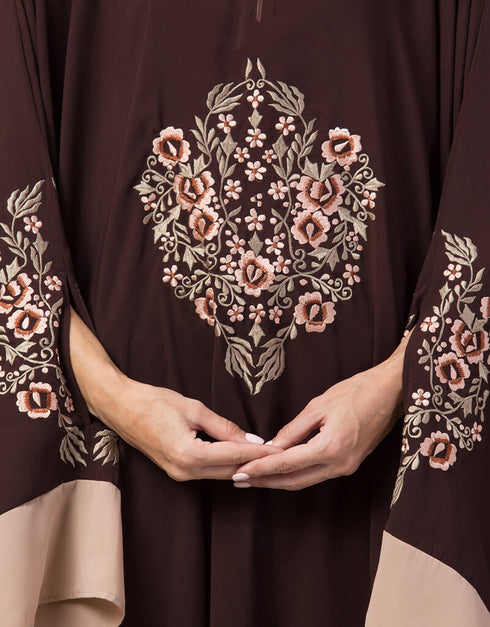 Modest Center Embroidered with Contrast band Irani Kaftan Brown