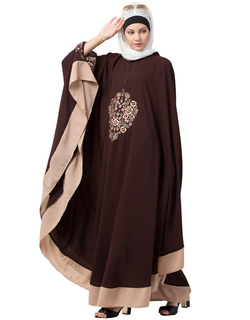 Modest Center Embroidered with Contrast band Irani Kaftan Brown