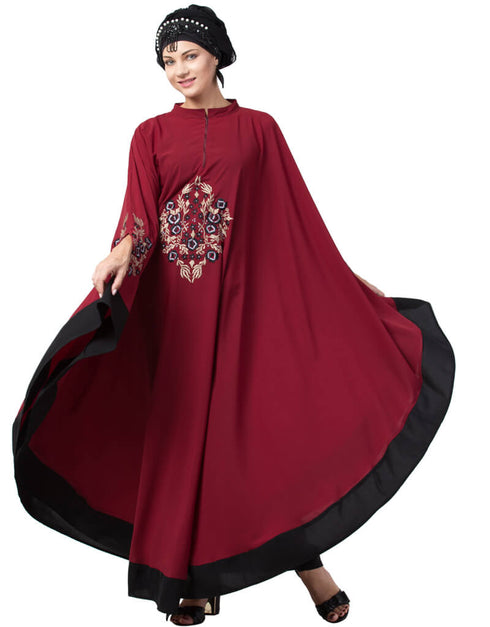 Islamic Center Embroidered with Contrast band Irani Kaftan Maroon