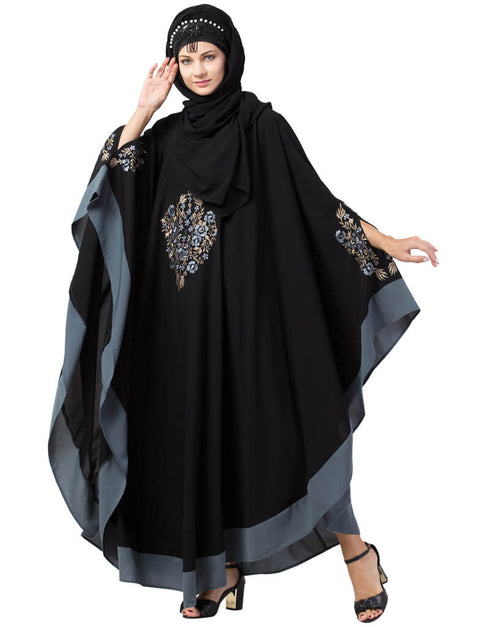 Arabic Center Embroidered with Contrast band Irani Kaftan Black