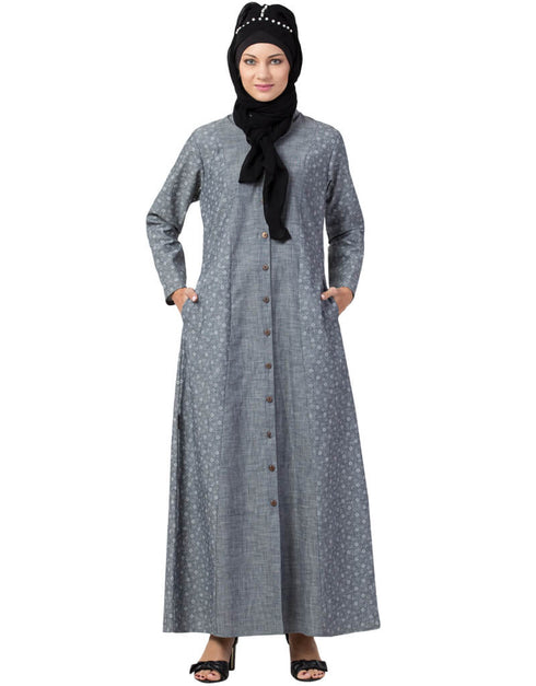 Women Front open Printed Denim Abaya Grey