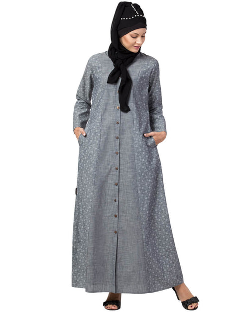 Women Front open Printed Denim Abaya Grey