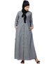 Women Front open Printed Denim Abaya Grey