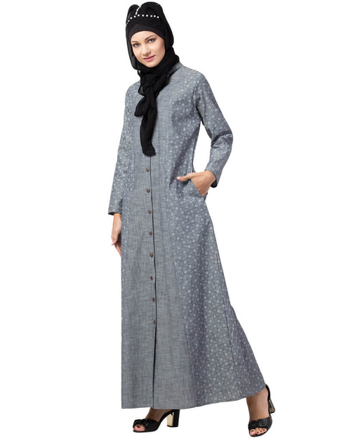 Women Front open Printed Denim Abaya Grey