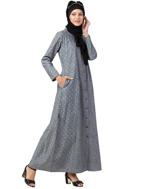 Women Front open Printed Denim Abaya Grey