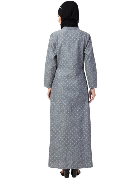 Women Front open Printed Denim Abaya Grey