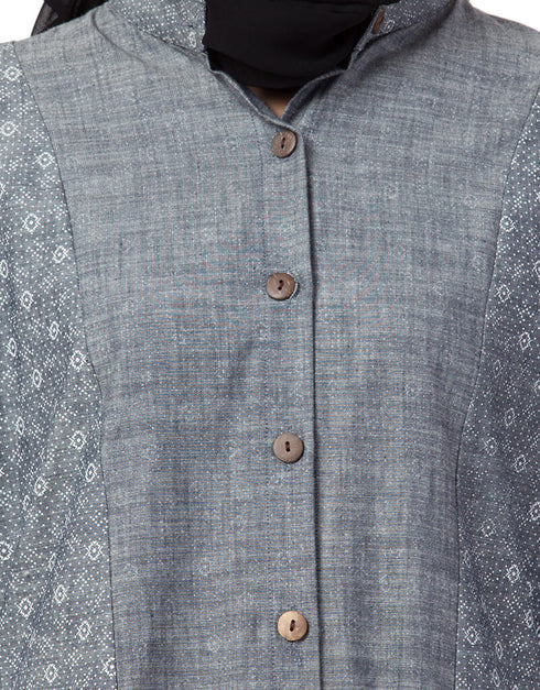 Women Front open Printed Denim Abaya Grey