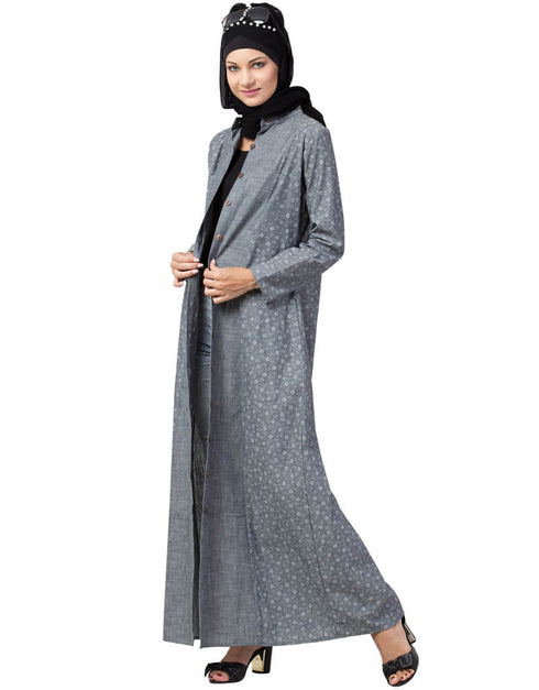 Women Front open Printed Denim Abaya Grey