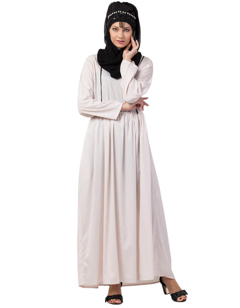 Chic contrast piping gather at waist flare Abaya Light Pink
