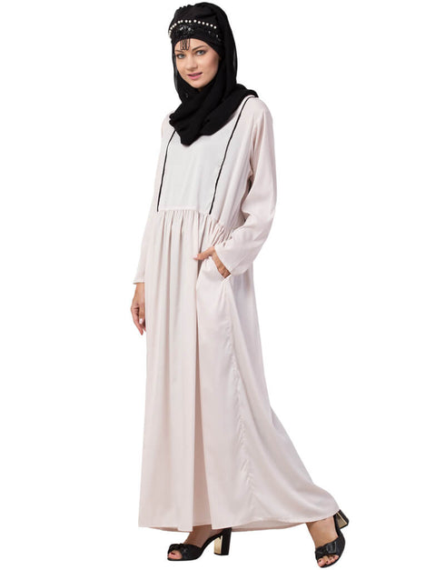 Chic contrast piping gather at waist flare Abaya Light Pink