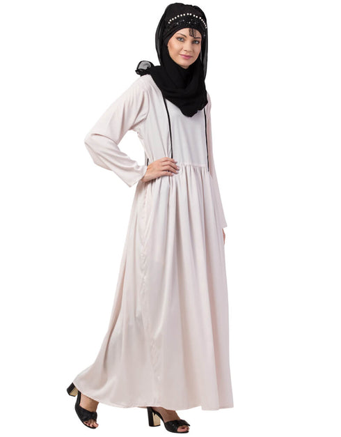 Chic contrast piping gather at waist flare Abaya Light Pink