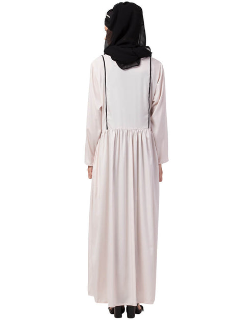 Chic contrast piping gather at waist flare Abaya Light Pink