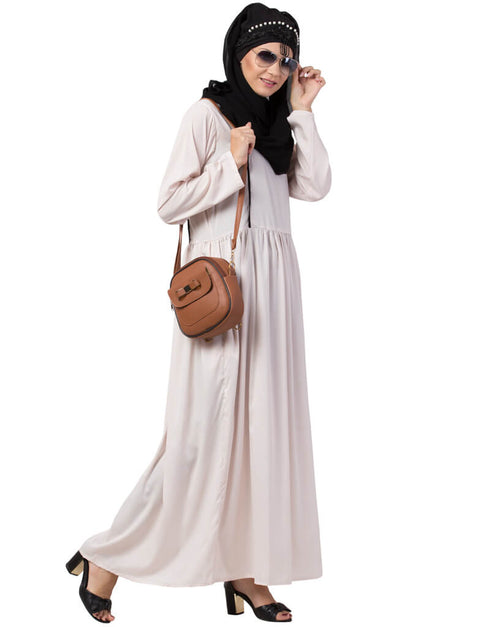 Chic contrast piping gather at waist flare Abaya Light Pink