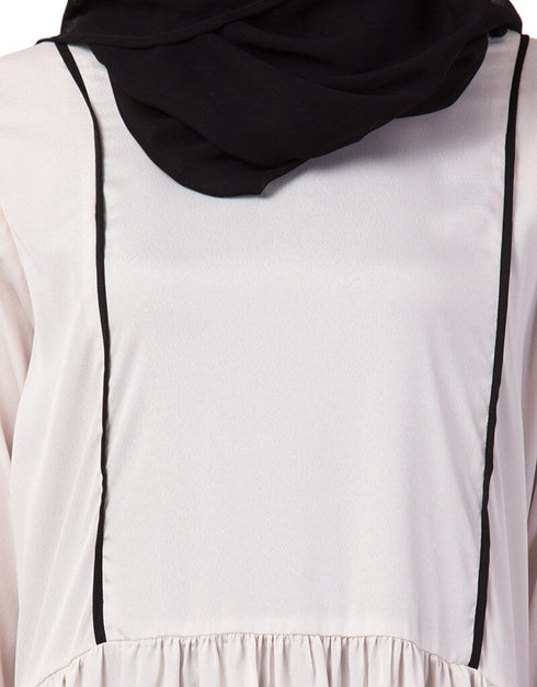 Chic contrast piping gather at waist flare Abaya Light Pink