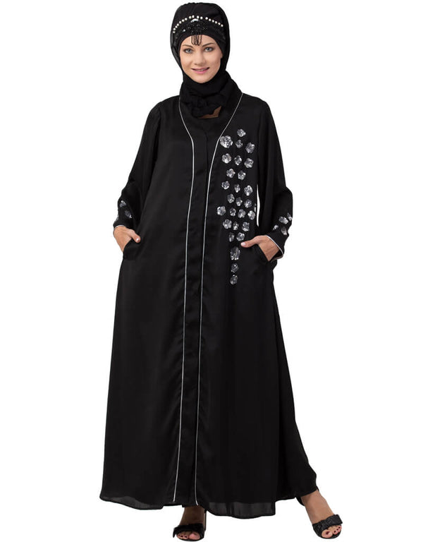 Trendy Front open Hand embroidered Nida Dubai Kaftan Black