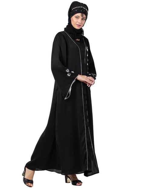 Trendy Front open Hand embroidered Nida Dubai Kaftan Black