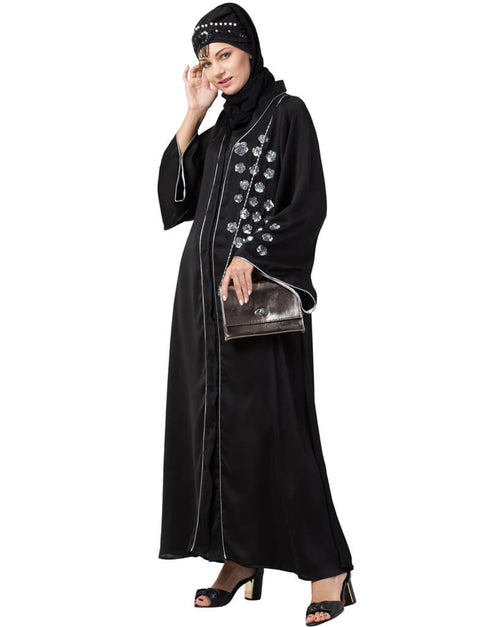 Trendy Front open Hand embroidered Nida Dubai Kaftan Black