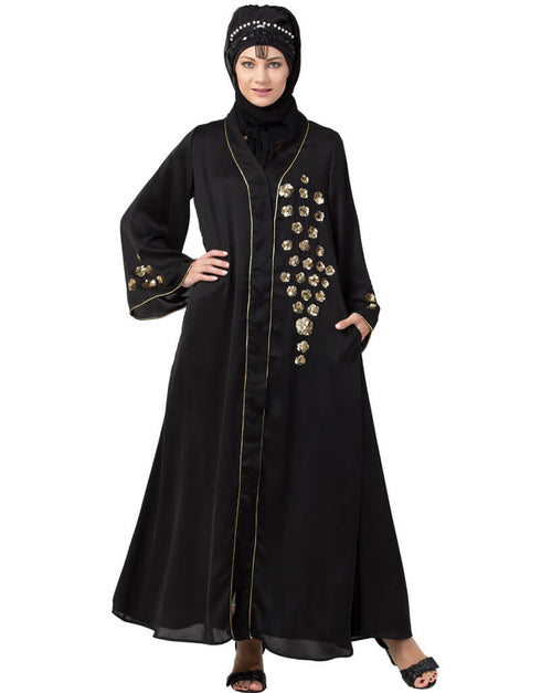 Modern Front open Hand embroidered Nida Dubai Kaftan Black